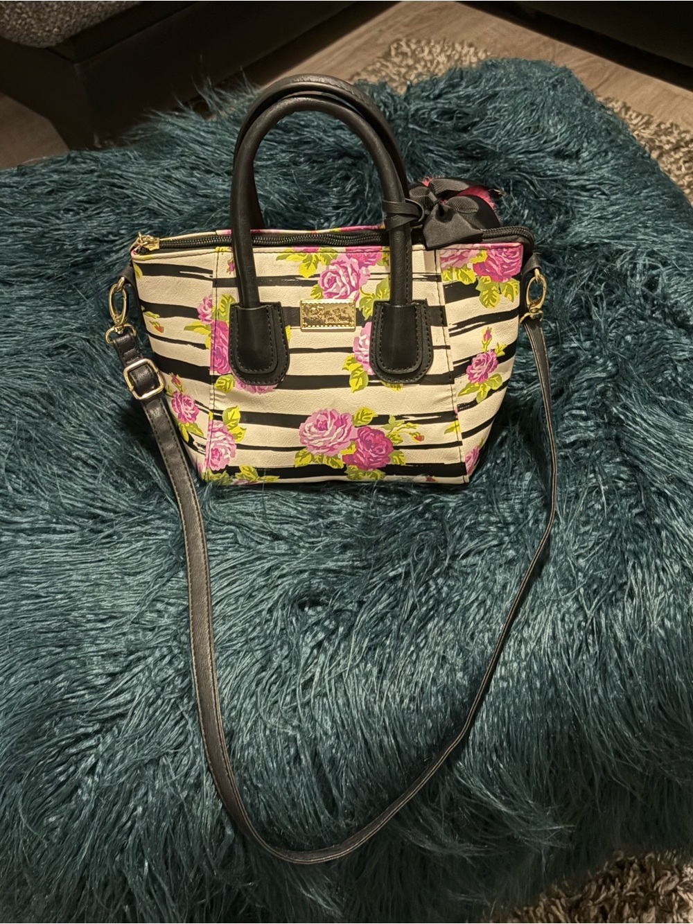 Betsey Johnson Black & Cream Striped Satchel with Pink Floral Accents